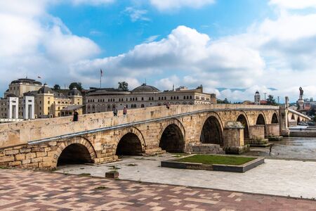 Macedonian`s capital city Skopje. Old stone bridge - Ottoman bridgeのeditorial素材