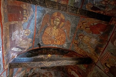Byzantine icons in the Cave Church, The Hermitage and the Church of Panagia Eleousa, early 15th century, Big Prespa lake. Greece.のeditorial素材