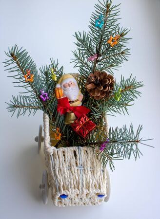 Merry Christmas and Happy Holidays greeting card, banner. New Year. Christmas red gifts, presents on white background top view. Winter holiday xmas theme. Noel. Flat lay.の写真素材