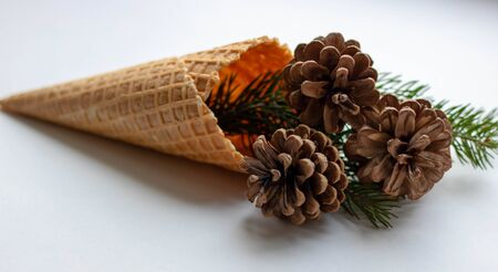 and ice cream cones on white backgroundの写真素材