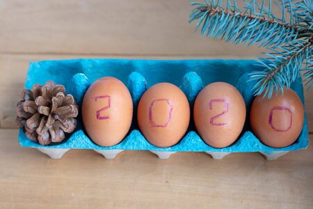 New Year 2020 background with brown eggs.White copy space.