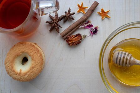 Tea and honey on background - organic food concept.の写真素材