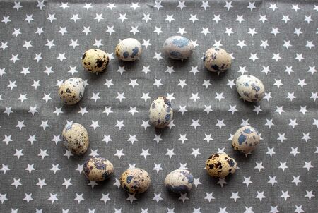 Quail Easter Eggs in bird nest on natural linen textile background with copy space. Spring, Easter...