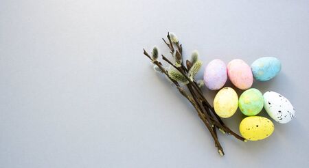 cut willow twigs on gray background with muiticolored eggs for Easterの写真素材