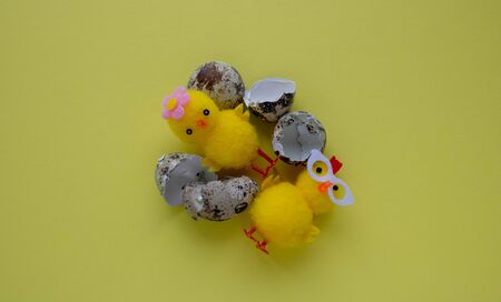 Yellow toy chickens hatched from an egg, on a yellow background.