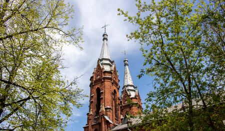 Spires of the Church of the sacred heart of Jesus in Rybinsk, Russia.Travel may 2020.の写真素材
