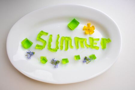 The word summer is made of green jelly cubes on a white plate.の写真素材