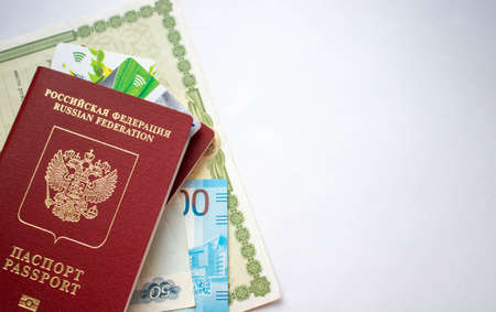 Kotlas, Russia-June 23, 2020. documents, two passports, cards, birth certificate The concept of...
