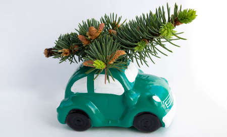 Green toy car-piggy Bank, carrying a Christmas tree on the roof.
