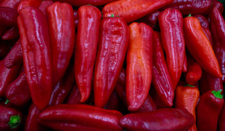 Red hot pepper close-up on the market counter. The concept of crop.