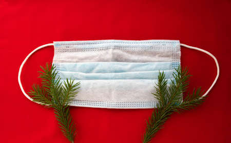 Medical mask and spruce branches on a red background. New year's card concept. New year, Christmas.の写真素材