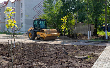 Russia Kotlas 26 July 2020 Heavy vibrating for asphalt concrete works road repairs stands on the...