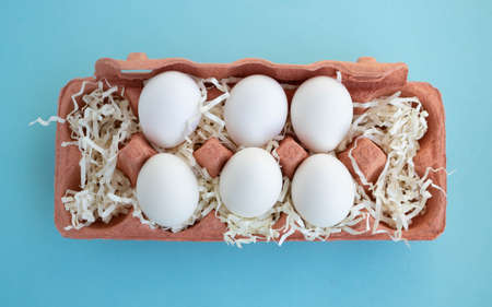 Six white fresh organic eggs in a beige eco-friendly cardboard egg container on a blue background....
