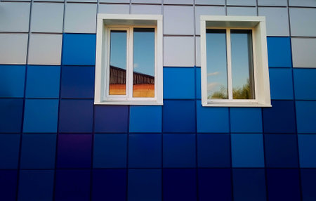 The one-story house is covered with blue panels.