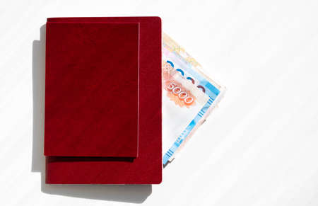 Russian money and documents on a white background.の写真素材