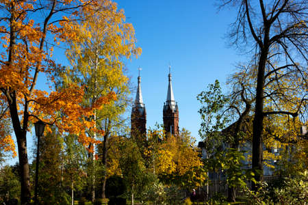 Domes of the Church of the Sacred Heart of Jesus in Rybinsk on a bright autumn day.の写真素材