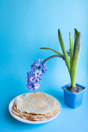 On a blue background, a lilac hyacinth flower in a pot, next to a plate of pancakesの写真素材