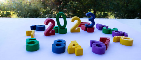 Multi-colored numbers 2023. Happy New Year Concept. minimal.の写真素材