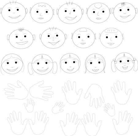 Funny faces of boys, girls and palms. The concept of Children's Day.のイラスト素材