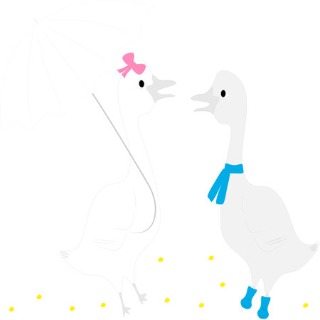 A goose with a pink bow and a white umbrella, a goose in a blue scarf and boots. The concept of agriculture, Thanksgiving, Christmas.のイラスト素材