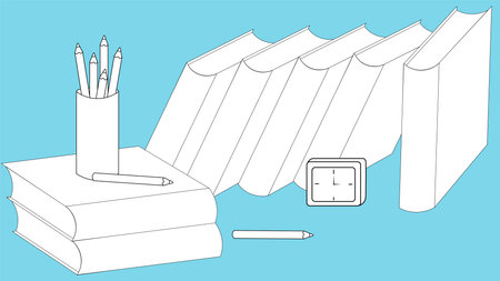Books, pencils and an alarm clock on a blue background. The concept of educationのイラスト素材