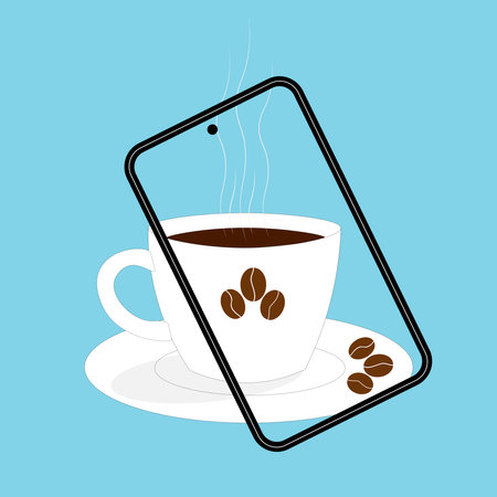 A white cup of coffee with a saucer and a phone photographing it on a blue background.のイラスト素材