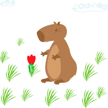 A tulip and a cute capybara animal. Vector illustration. Funny capybara for postcards, design, printing, children's collection. Capybara Love Day.のイラスト素材