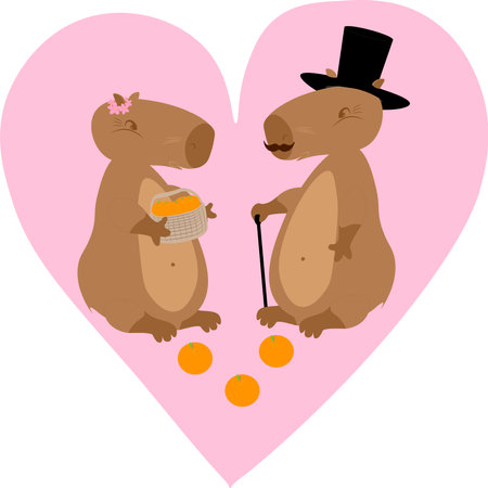 A capybara in a hat, with a mustache and a cane, and a capybara in a wreath with a basket of tangerines on a pink heart background. Vector illustration. Capybara Love Day.のイラスト素材