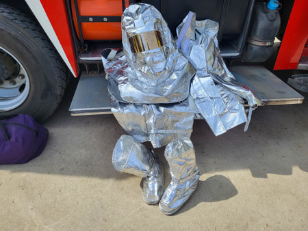 The fire-fighting suit of the liquidator of a man-made disaster lies on the step of a fire truck.の写真素材