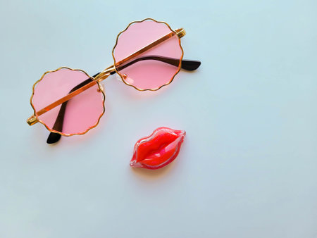 Round original pink glasses and lipstick in a lip case.