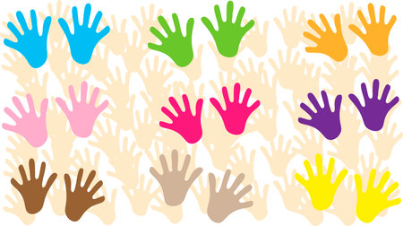 A background of multicolored palms. The concept of the day of protective children, the day of hugs, social lifeのイラスト素材