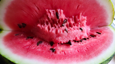Scarlet pulp with seeds of sliced delicious watermelonの写真素材