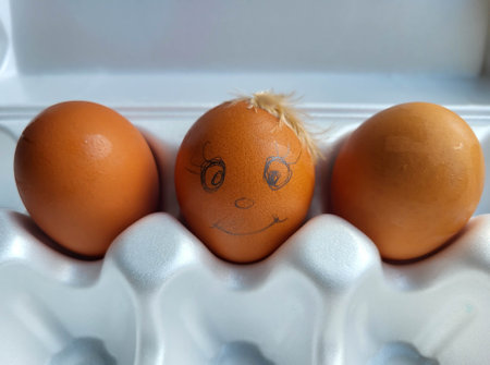 There are three brown eggs in a white package, one with a face and a feather stuck on itの写真素材