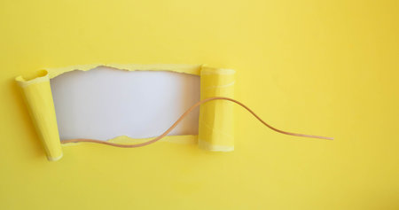 Torn yellow paper on a white background with a space for copying. The hole is rectangular in shapeの写真素材