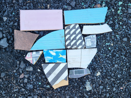 Colorful pieces of broken tiles are lying on the ground