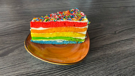 There is a multi-colored rainbow piece of cake on a brown plate