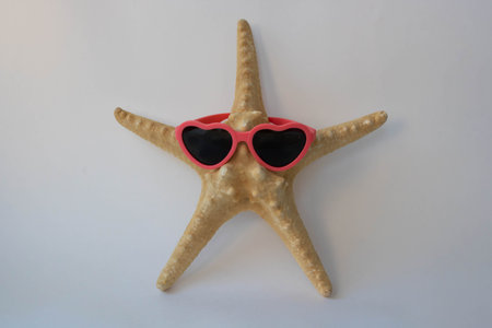 A large starfish with red heart-shaped glasses.の写真素材