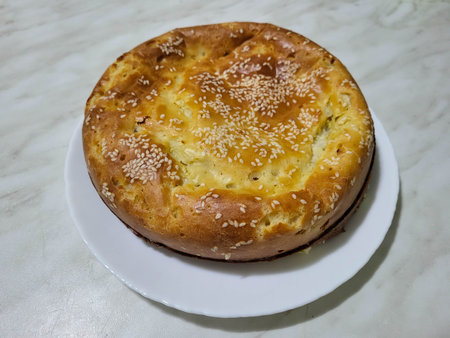 Round delicious autumn pie.の写真素材