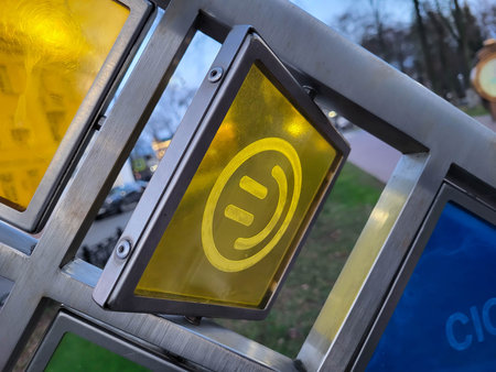 A rotating yellow square on a stained-glass window in the street.