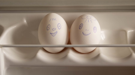 Two eggs with funny faces painted on them are on the refrigerator shelf.