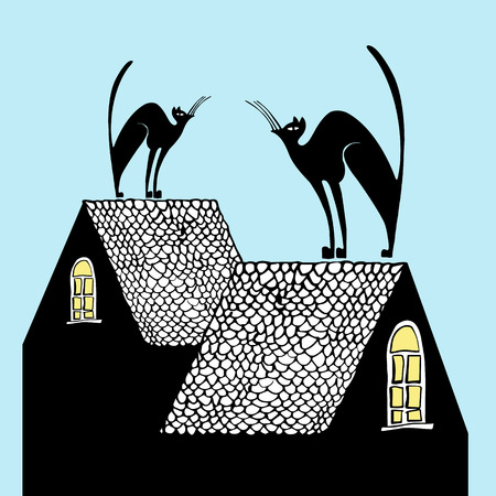 Hand drawn illustration black cats on the roofsのイラスト素材