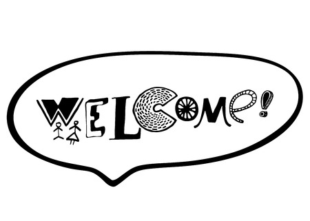 Welcome inscription. Greeting card with hand drawn design elements. Black and white. Usable as photo overlay.のイラスト素材