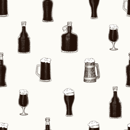 seamless vector pattern with hand drawn beer bottle, beer mug, cup, glass.のイラスト素材