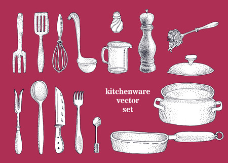 Vector set of hand drawn kitchenware. Vintage illustrationのイラスト素材