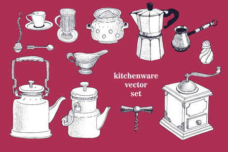 Vector set of hand drawn kitchenware. Vintage illustrationのイラスト素材