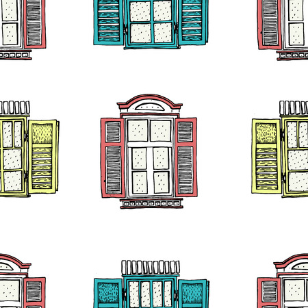 Seamless vector pattern of retro windows. Hand drawing illustrationのイラスト素材