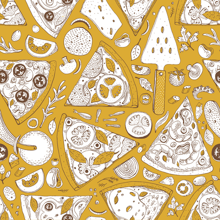 A Vector seamless Pizza slice pattern. Hand drawn pizza illustration. Great for pizzeria menu or background.のイラスト素材