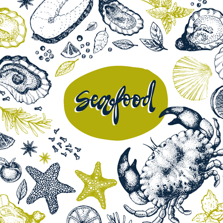 Seafood vector design template, banner. Seafood vector illustration hand drawn. Restaurant menu.のイラスト素材
