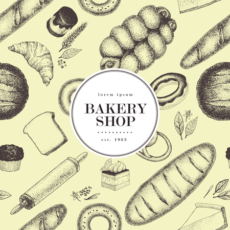 Hand drawn vector bakery banner template. Seamless pattern. Can be use for bakery, pastry, cafe, shop and products.のイラスト素材