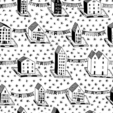 Vector christmas seamless pattern with houses and ornaments. Can be printed and used as wrapping paper, wallpaper, textile, card. EPS 10のイラスト素材